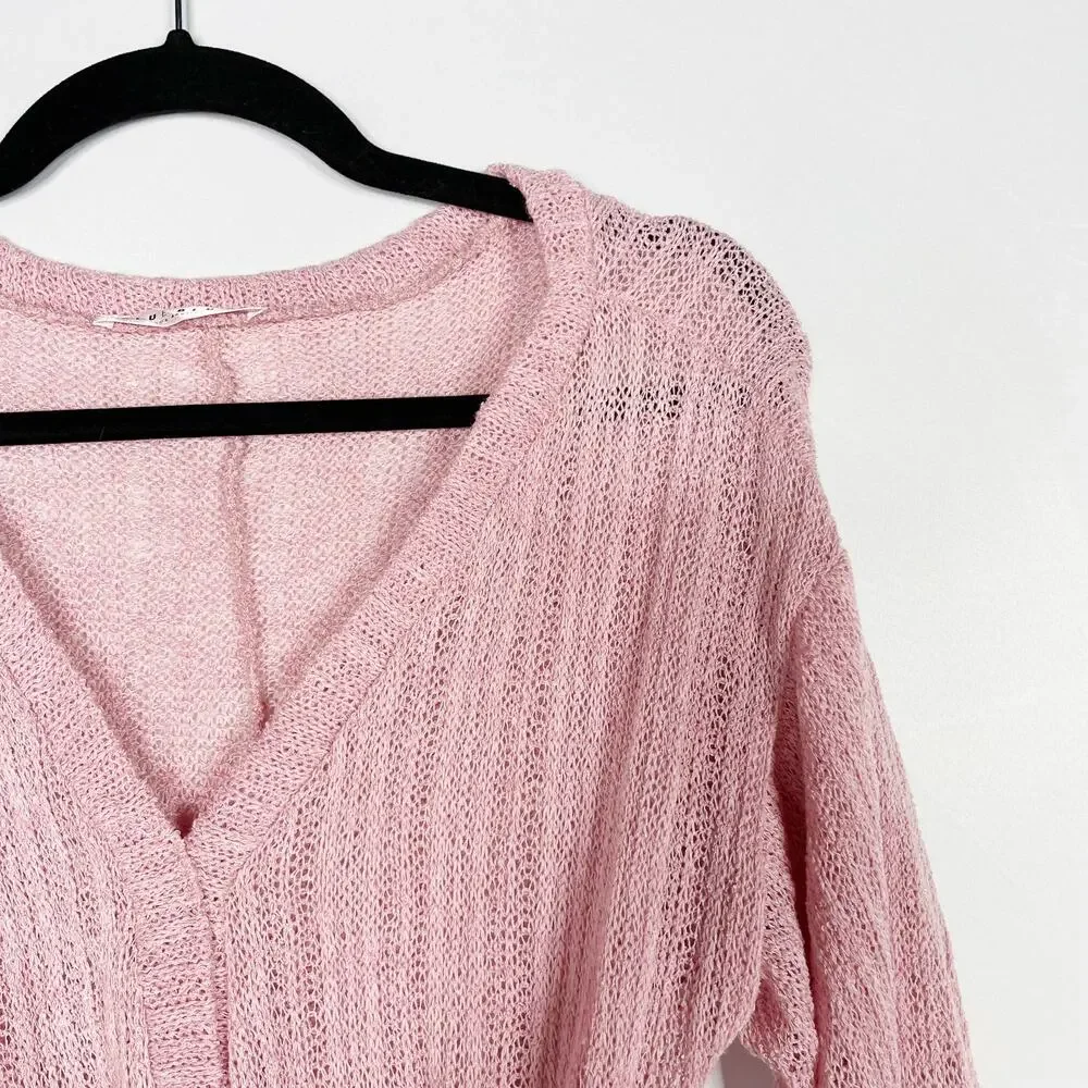 Blue Blush Pink Small S Open Knit Tie Waist Bell Sleeve Romper Cover Up Ribbed